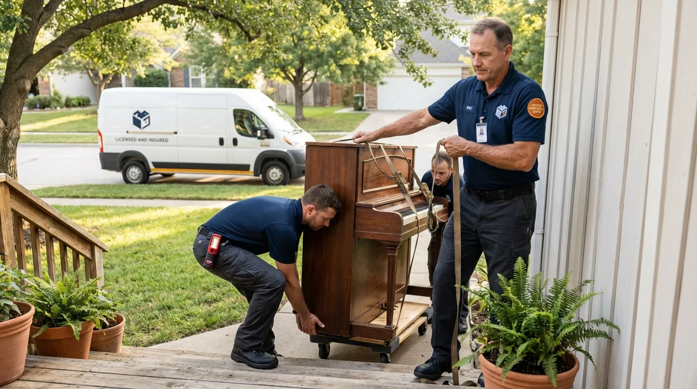 Licensed piano movers securing grand piano in Van Wert, OH
