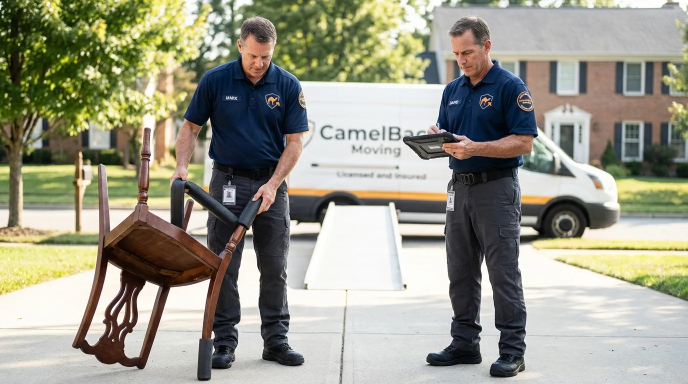 Movers inspecting furniture for damage prevention before loading in Van Wert, OH