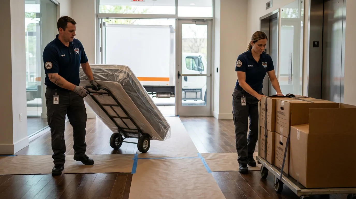 Professional apartment movers loading elevator in Van Wert, OH
